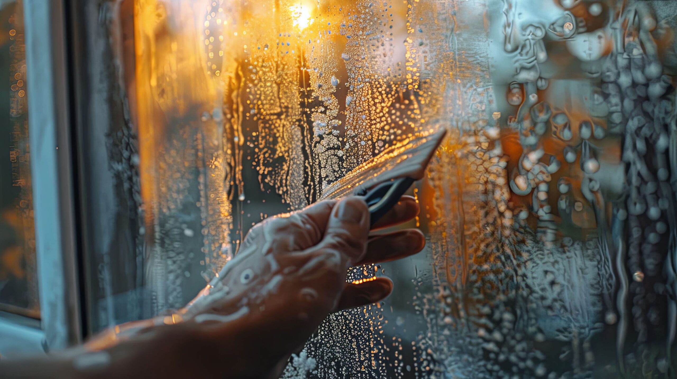 Hand using a squeegee to clean a wet window with sunset view